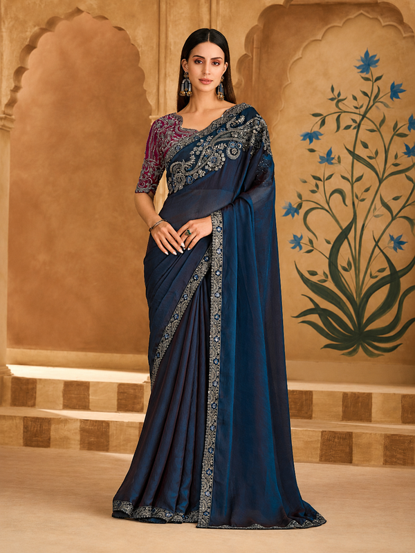 Twilight Blue Silk Georgette Saree & Georgette Work Blouse