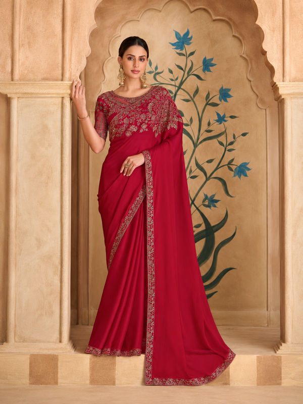 Sparkle Red Georgette Saree & Banglori Work Blouse