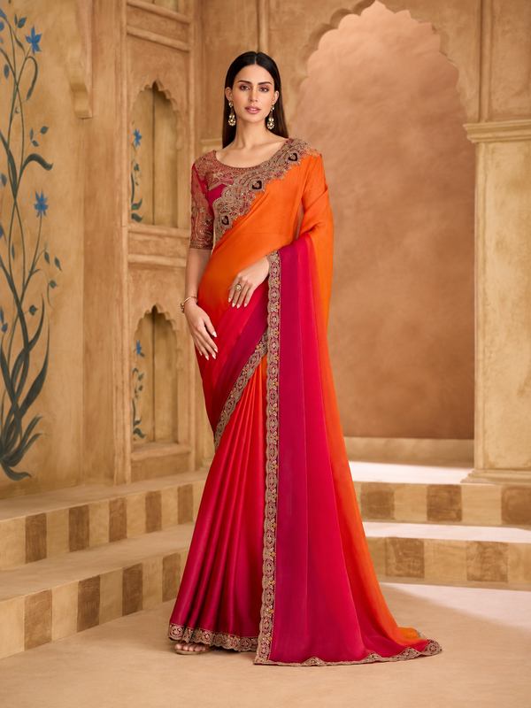 Saffron Satin Chiffon Saree & Bangalori Work Blouse