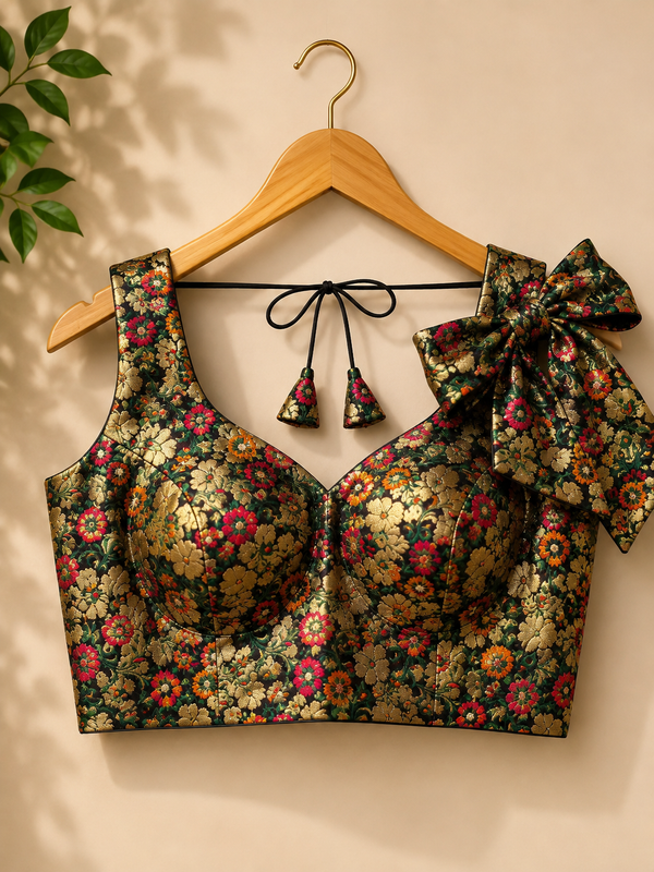 Black Floral Brocade Saree Blouse with Statement Bow Accent