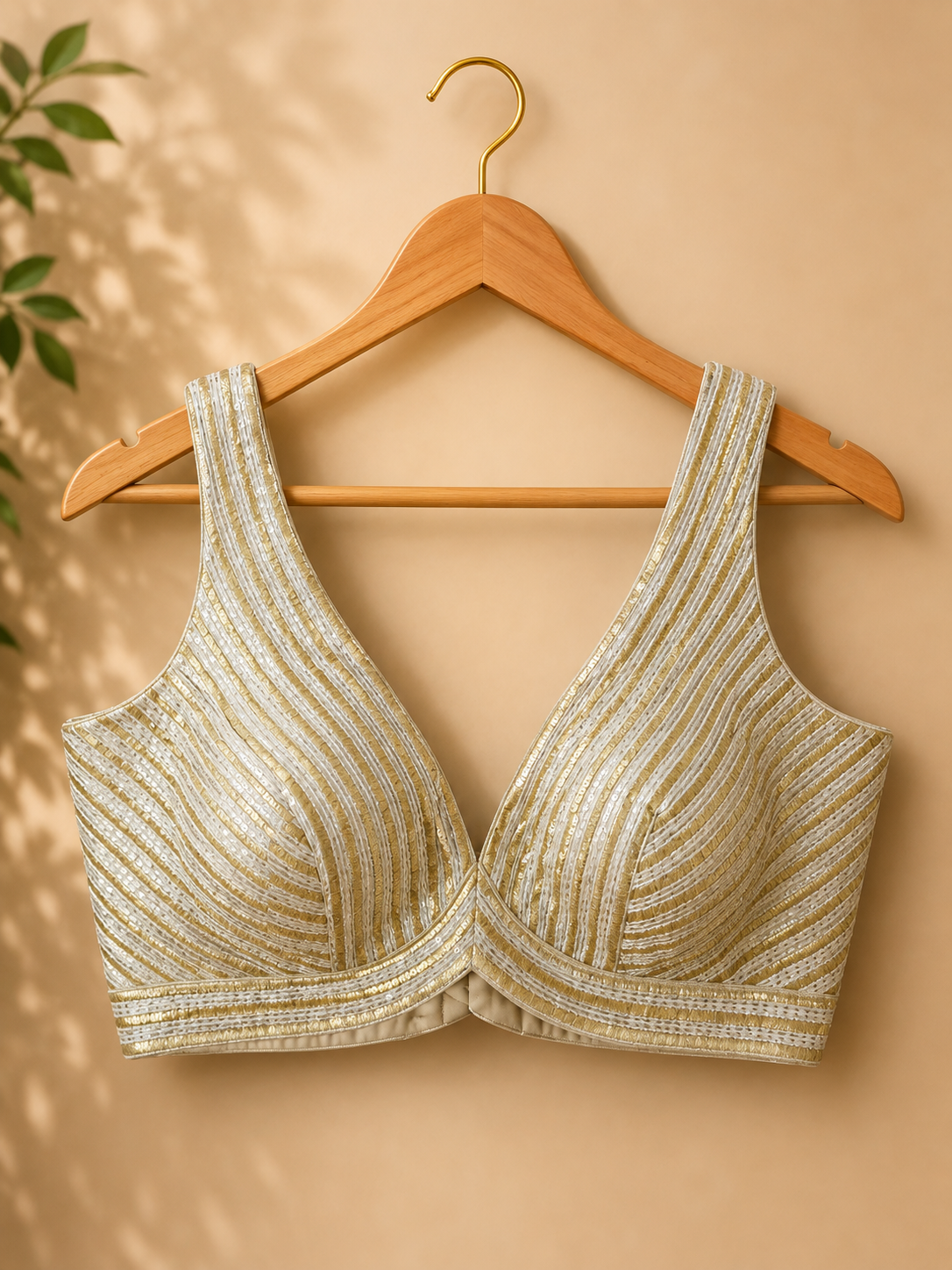 Women's Ivory Gold Striped Silk Brocade Readymade Saree Blouse