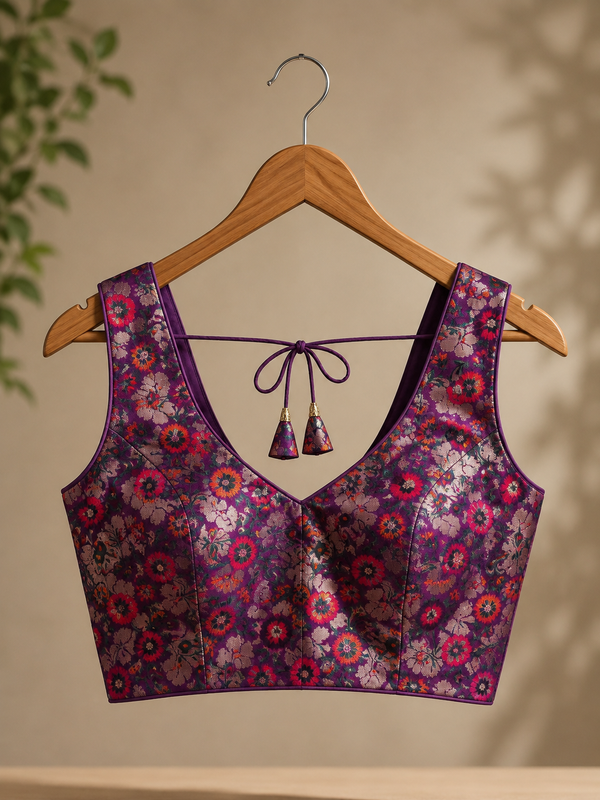 Women's Purple Floral Silk Brocade Readymade Saree Blouse