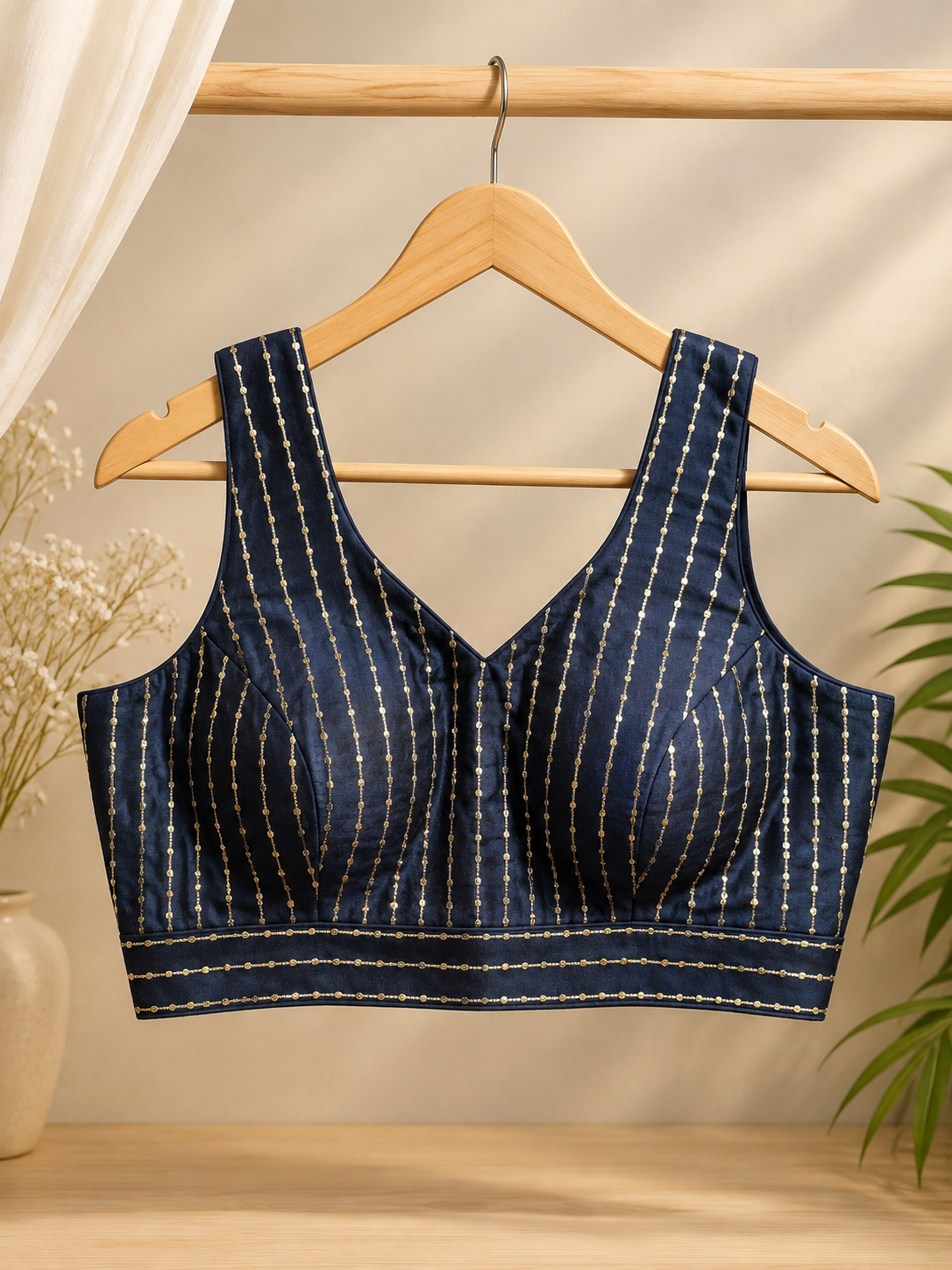 Women's Navy Blue Striped Silk Brocade Readymade Saree Blouse