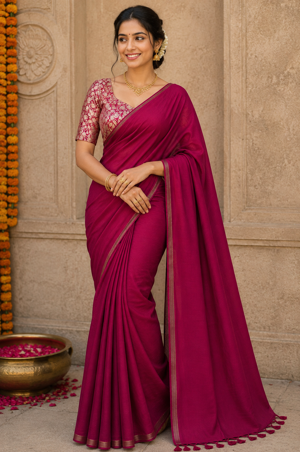 Magenta Saree with Gold Floral Brocade Blouse and Tassel Border
