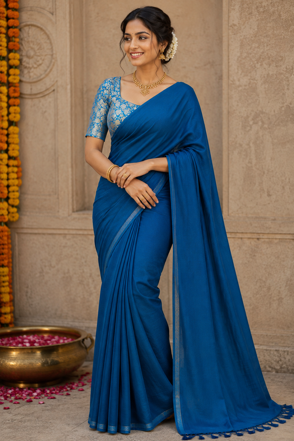 Royal Blue Saree with Silver Brocade Blouse and Delicate Border