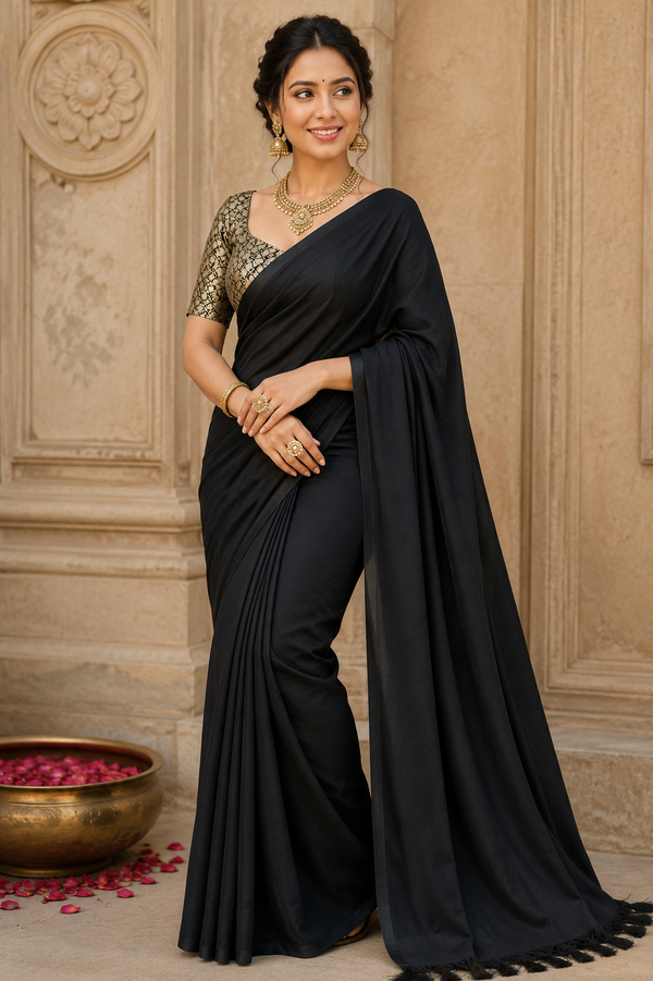 Black Saree with Gold Patterned Blouse and Elegant Tassel Detail