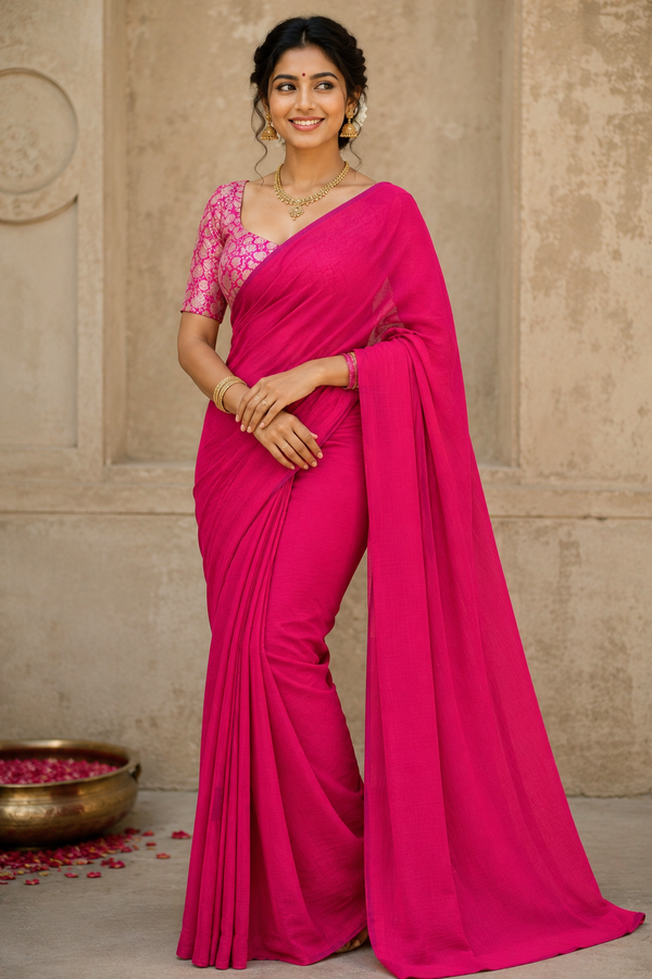 Fuchsia Pink Saree with Gold Floral Brocade Blouse and Border