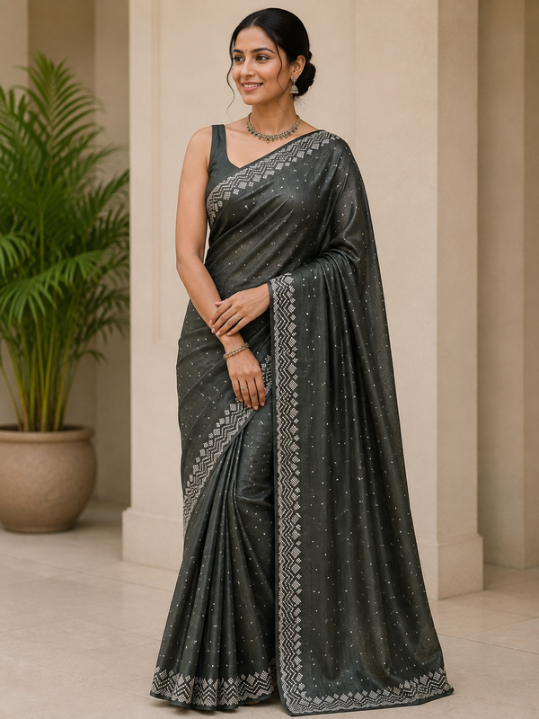 Charcoal Black Saree with Geometric Border and Shimmer Dots
