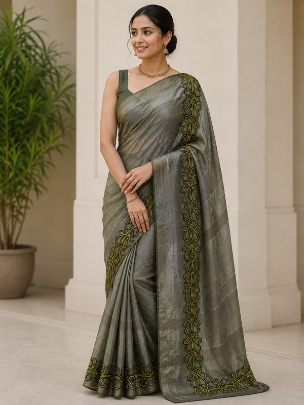 Olive Grey Saree with Yellow Floral Border and Striped Detail