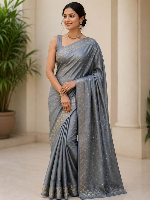 Slate Grey Saree with Golden Butti Motifs and Printed Border