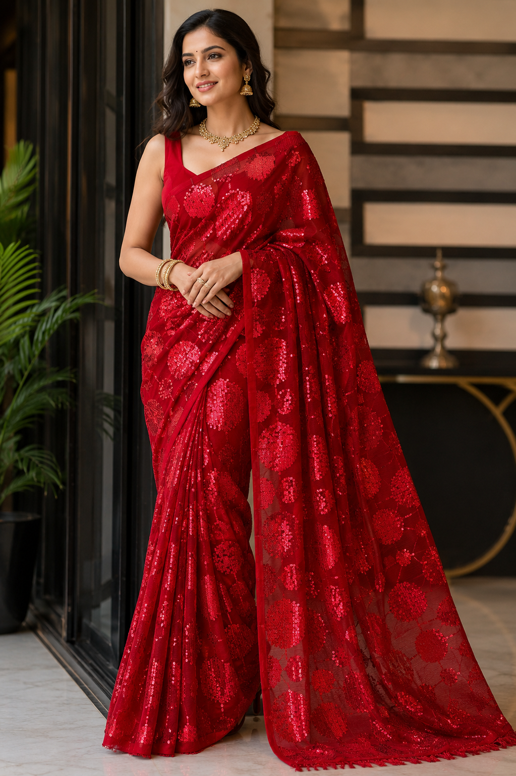 Red Sequin Floral Saree with Shimmering All-Over Embellishment