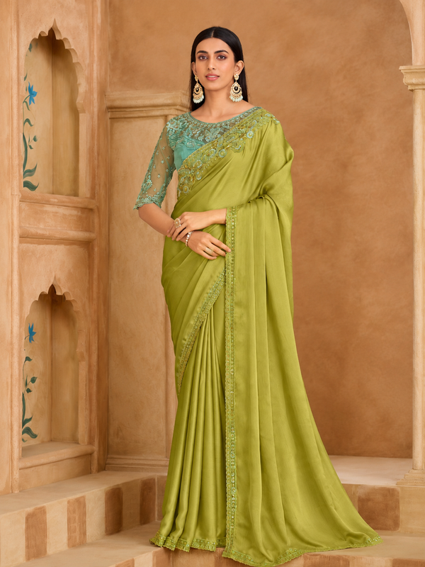Pistachio Green Satin Chiffon Saree & Bangalori Work Blouse