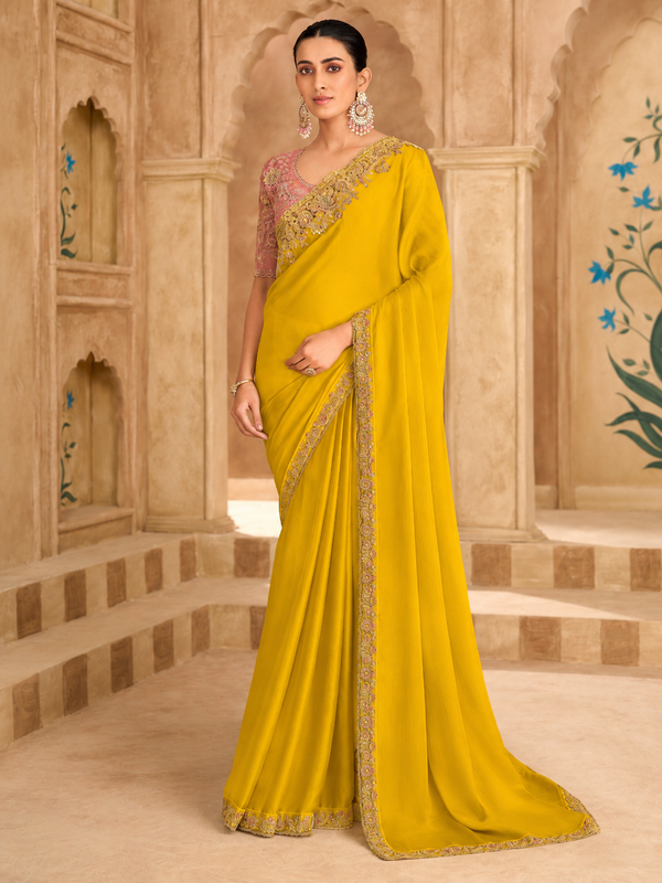 Gold Sartin Chiffon Saree & Banglori Work Blouse