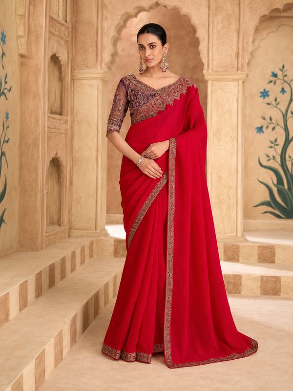 Cherry Red Sartin Georgette Saree & Banglori Work Blouse