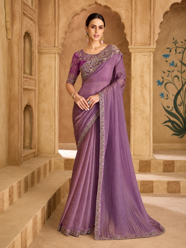 Lavender Tissue Georgette Saree & Satin Work Blouse