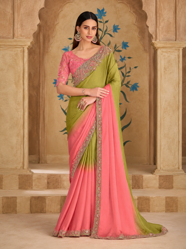 Onion Pink Tissue Crushed Georgette Saree & Bangalori Work Blouse