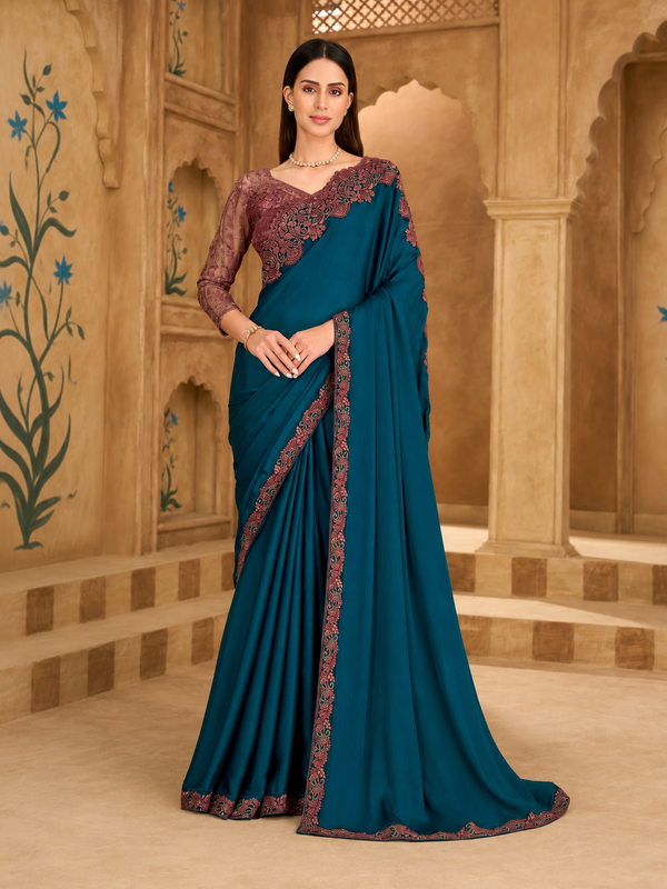 Till Blue Sartin Chiffon Saree & Banglori Work Blouse