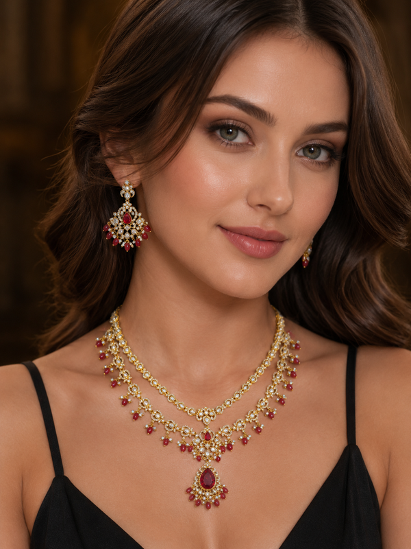 Ishara Ruby — Royal Layered Necklace & Earring Set