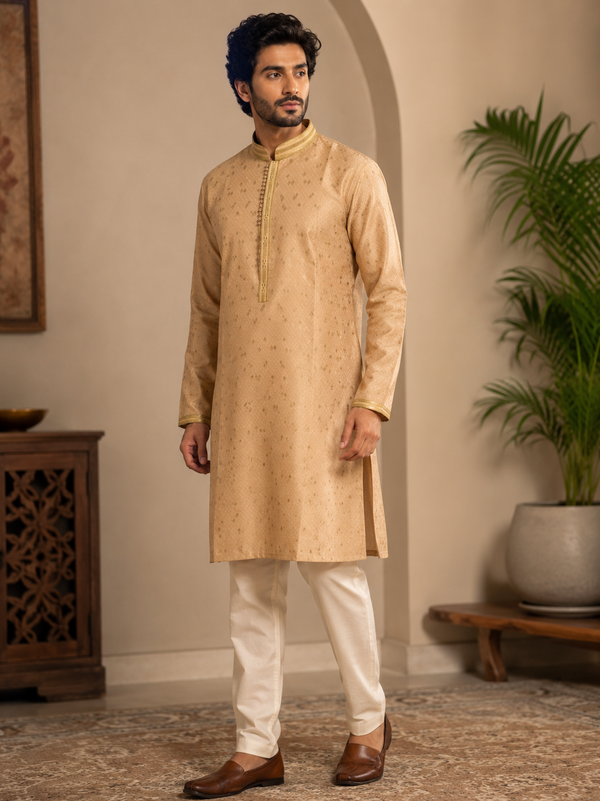 Beige Woven Print Kurta with Contrast Gold Trim