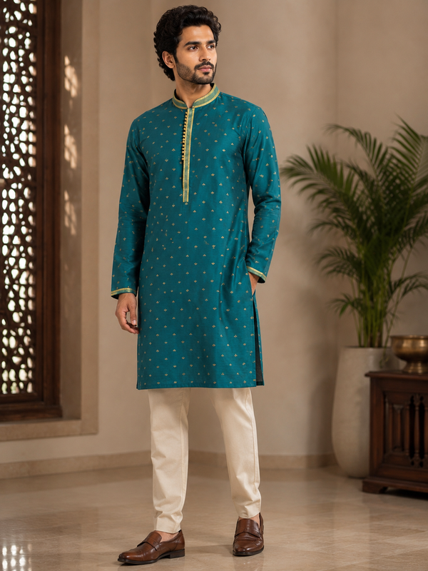 Teal Blue Printed Kurta with Gold Trim & Beige Pyjama Set