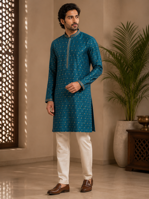 Peacock Teal Diamond Print Kurta with Embellished Placket