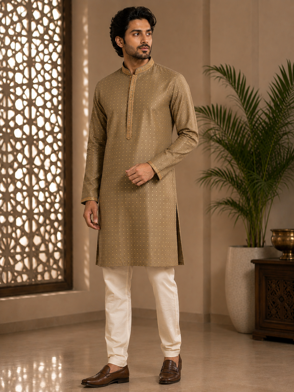 Olive Khaki Kurta with Dotted Print & Embroidered Placket