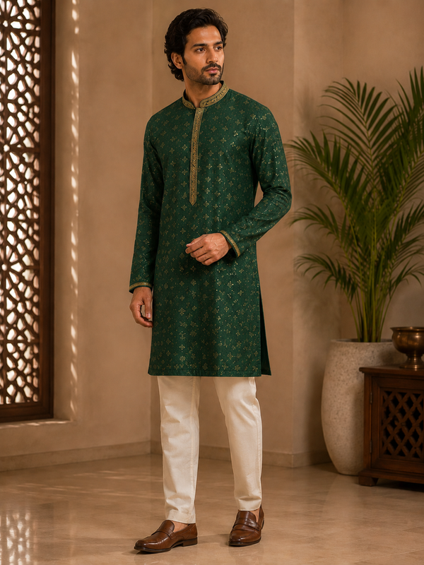 Forest Green Kurta with Scattered Gold Floral Motifs
