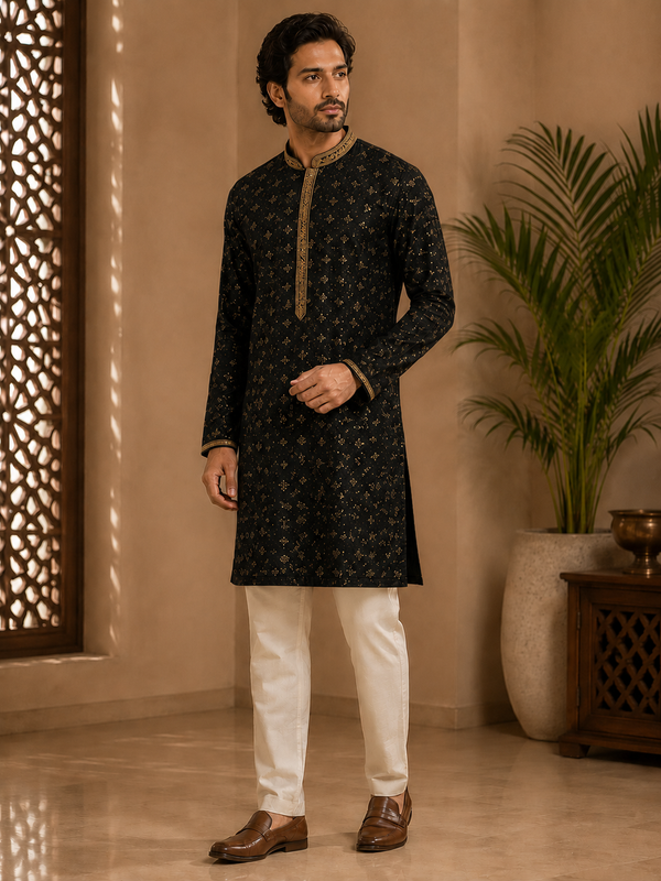 Charcoal Black Kurta Featuring Ornate Gold Sequin Detailing