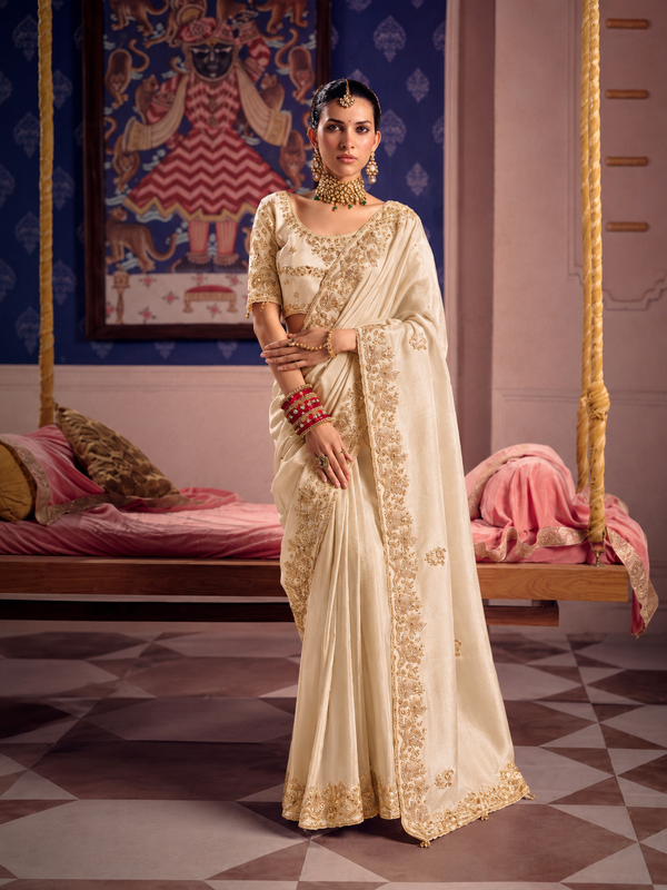 Pearl White Georgette Saree & Matching Blouse