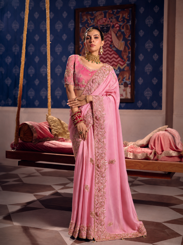 Baby Pink Designer Saree with Intricate Embroidered Border Work