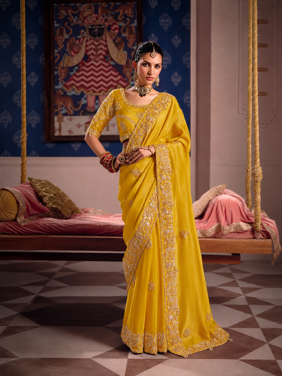 Mustard Yellow Embroidered Saree with Sequin Floral Border