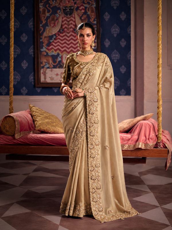 Beige Shimmer Saree with Heavy Mirror Work Border