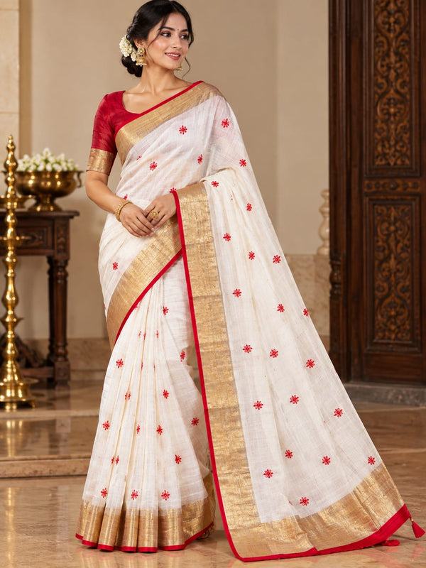 Ivory Cotton Saree with Red Floral Motifs & Golden Zari Border