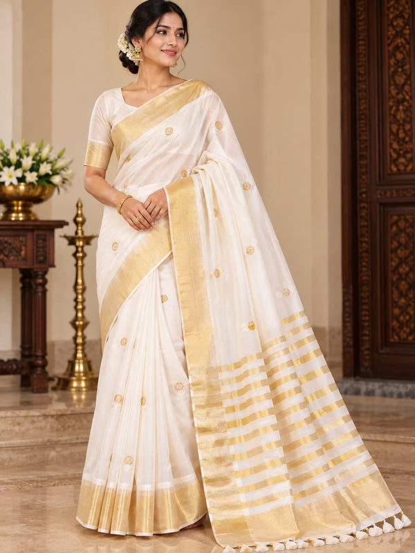 Classic Ivory Cotton Saree with Golden Butta & Striped Pallu