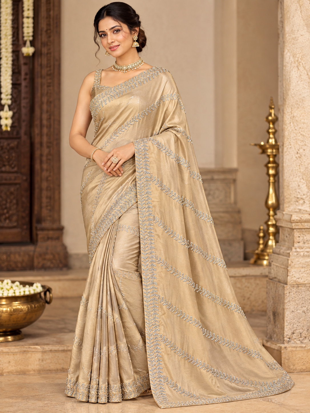 Champagne Gold Satin Saree with Silver Embellished Diagonal Stripes