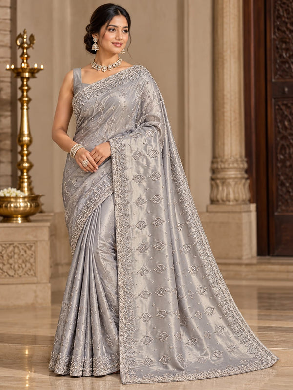 Elegant Silver Grey Embellished Designer Saree