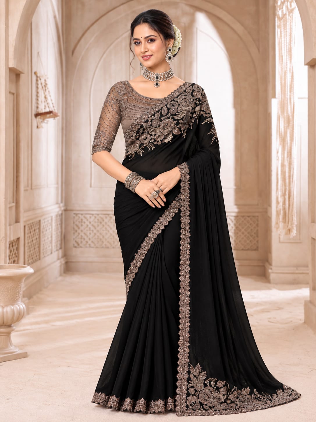 Black Chiffon Saree with Antique Embroidered Border