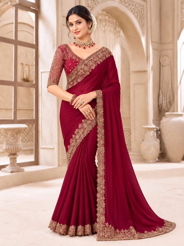 Deep Burgundy Chiffon Saree with Gold-Tone Embroidery
