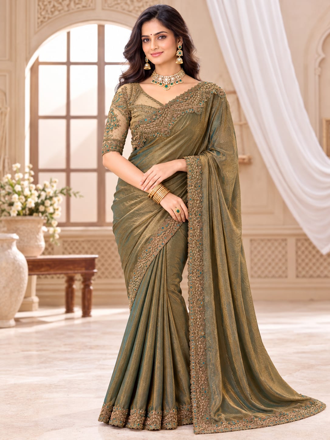 Olive Gold Saree with Teal Embroidered Details