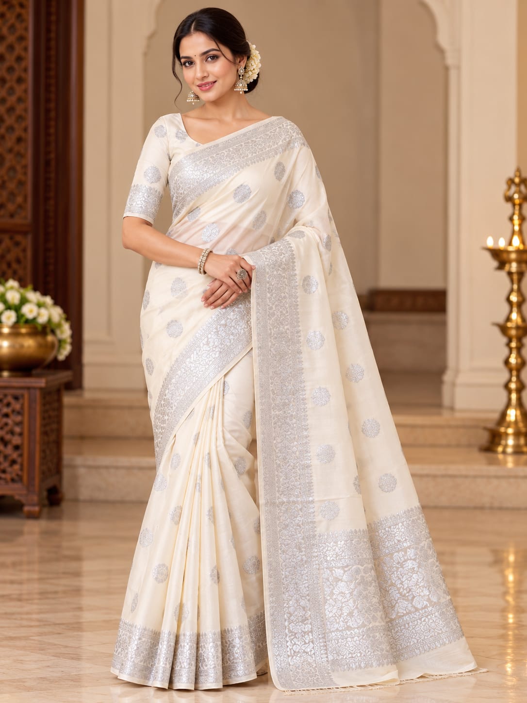 Elegant Ivory Saree with Silver Zari Woven Motifs
