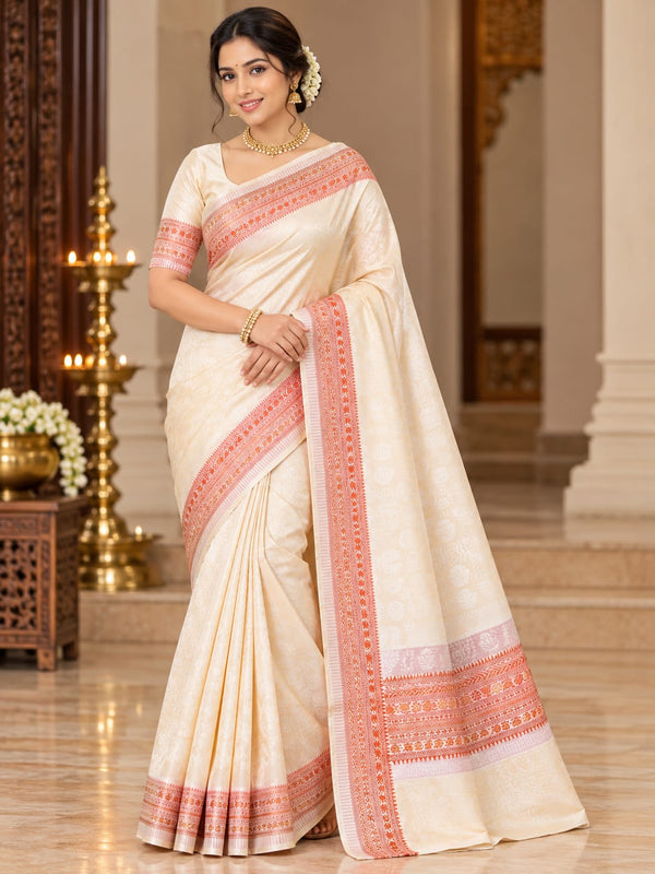 Elegant Ivory Saree with Peach Woven Border