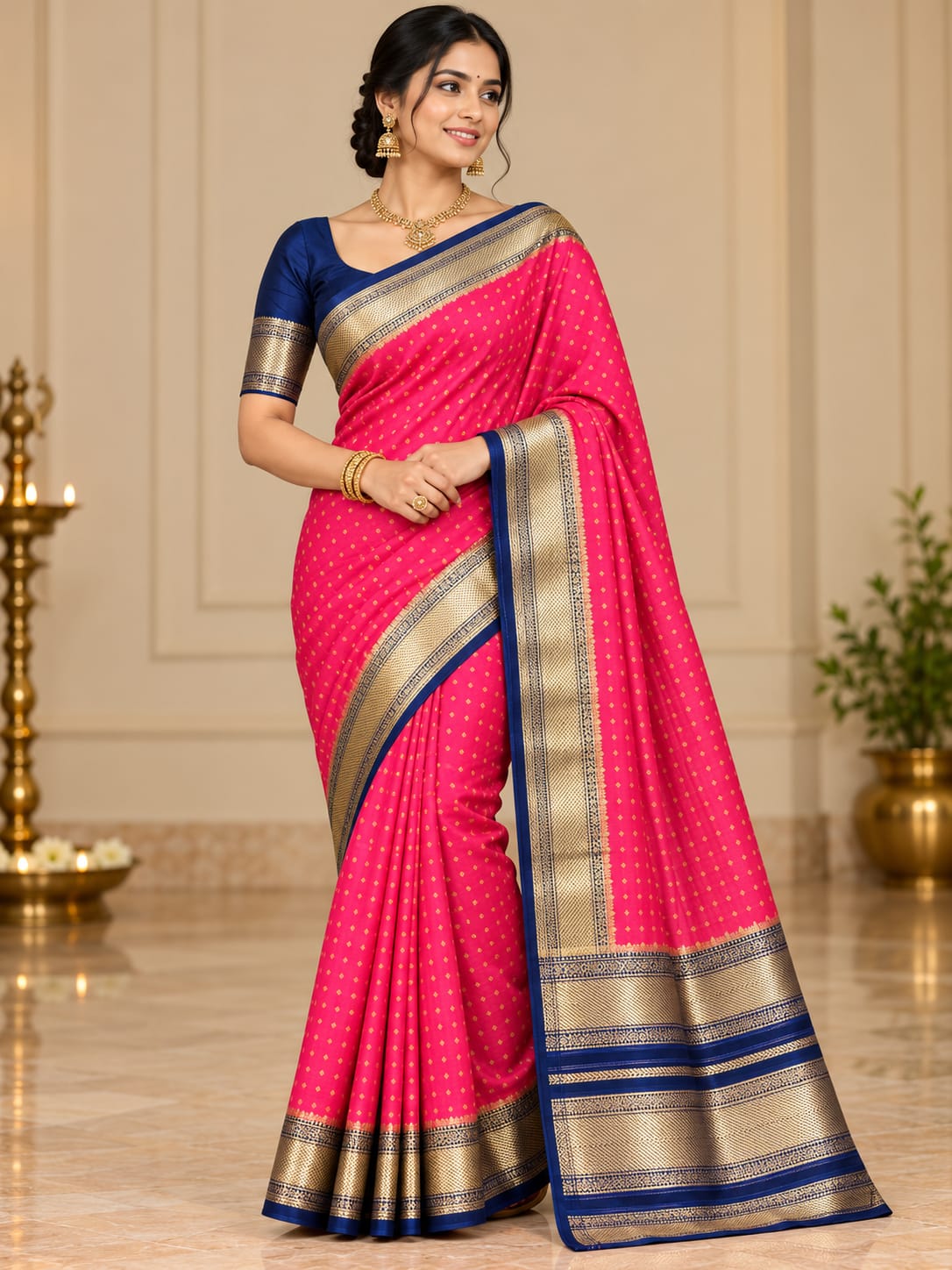 Pink & Navy Blue Zari Georgette Saree