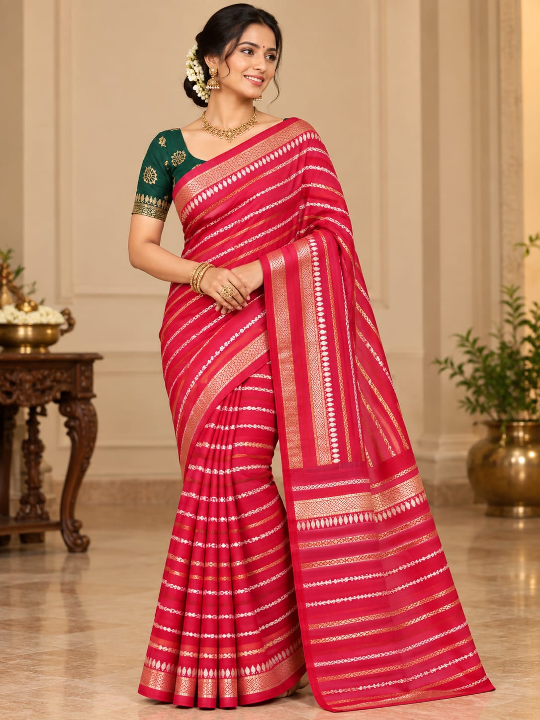 Red & Green Striped Georgette Saree