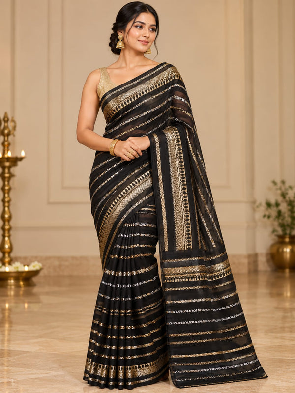 Black & Gold Striped Georgette Saree