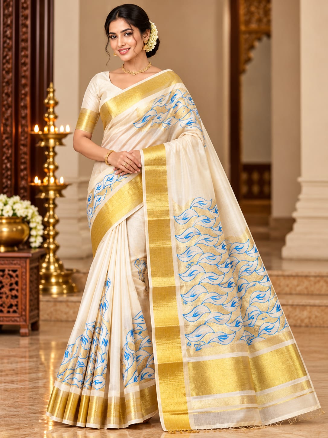 Elegant Ivory Cotton Silk Saree with Golden Zari Border & Blue Floral Motifs