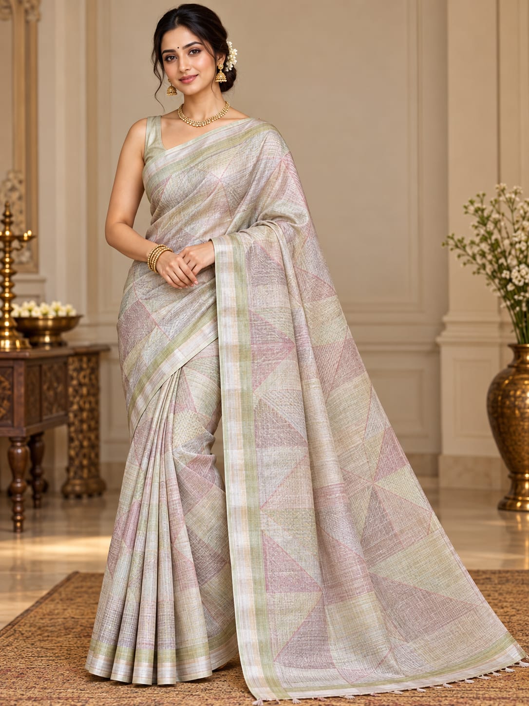 Pastel Sage Green & Blush Pink Geometric Kora Linen Printed Saree