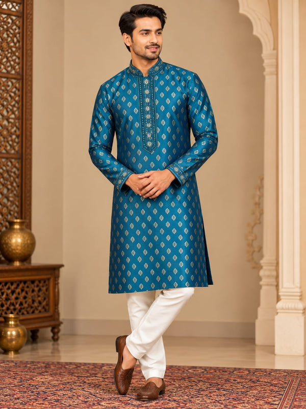 Royal Teal Blue Printed Silk Blend Men’s Kurta