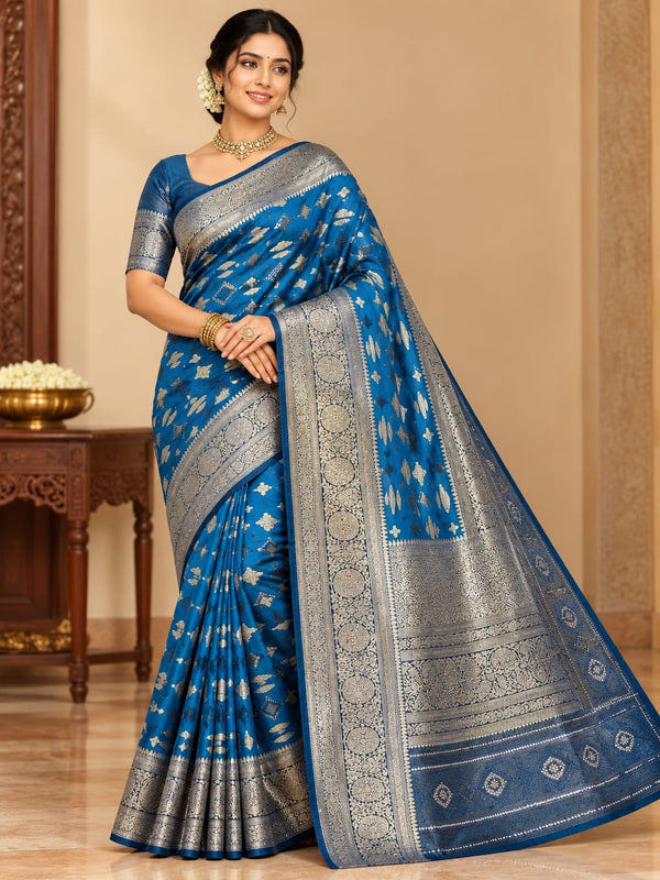 Royal Blue & Silver Zari Woven Banarasi Silk Saree