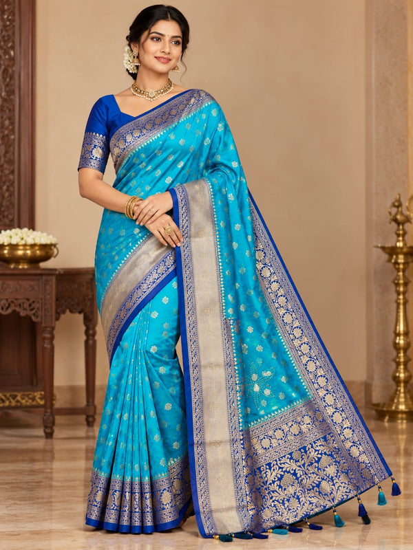 Vibrant Turquoise Blue & Royal Blue Banarasi Silk Saree
