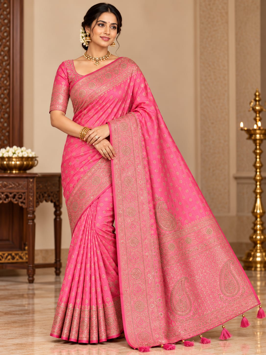Elegant Rose Pink Silk Saree with Intricate Zari Woven Border